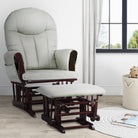 Gray glider chair with ottoman in a room with a window and basket.