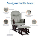 Gray recliner chair with ottoman on a white background, featuring text 'Designed with Love'.