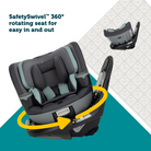 Child safety seat with SafetySwivel 360° feature on a geometric patterned background