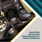 Close-up of a car seat with Safety 1st branding and text about SecureTech visual indicators.