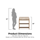 Product dimensions chart with a silhouette of a person and dimensions of a changing table. Product dimensions: 34in (W) x 19in (D) x 40in (H). Weight limit: changing table top: 30 lbs. Shelf: 30 lbs.
