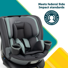 Child car seat with federal side impact standard certification on a colorful background