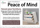 Advertisement for furniture security with a white dresser and warning text.