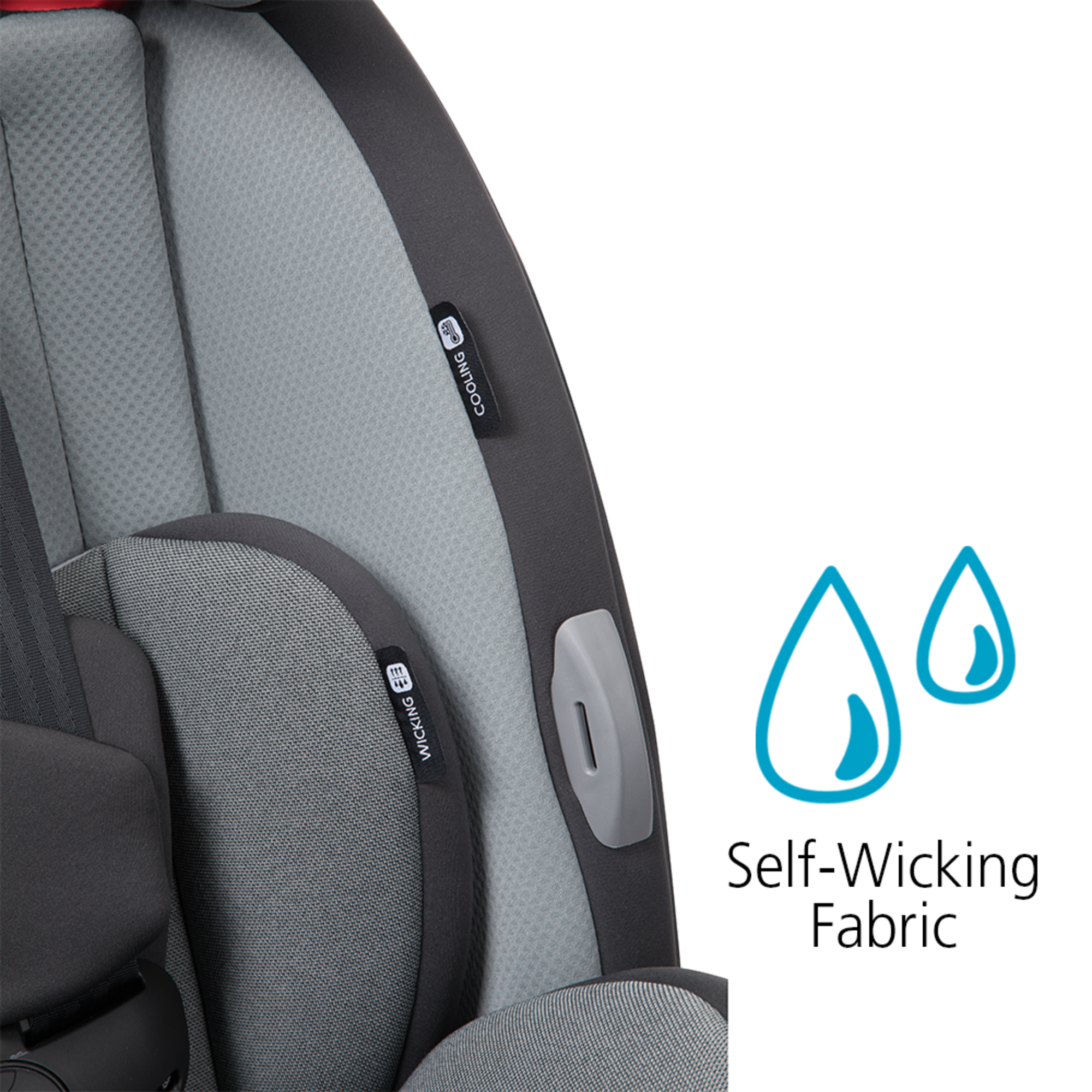 Car seat with self wicking fabric.