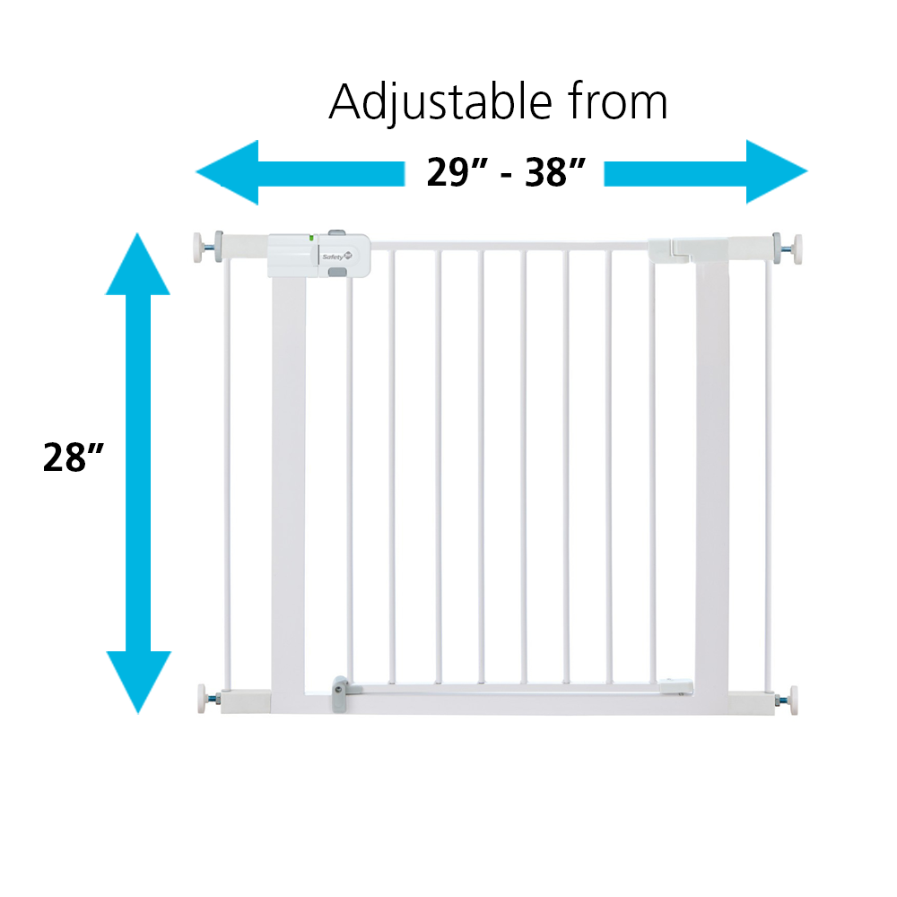 Gate is adjustable from 29 inches to 38 inches wide and is 28 inches high