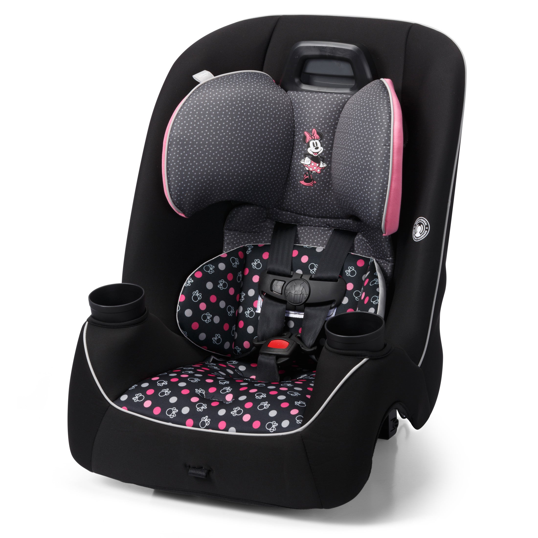 pink and black car seat and stroller Disney Baby Easy Elite Slim All-In-One Convertible Car Seat, Modern Minnie
