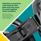 Close-up of a car seat with text about connection cord and safety standards on a green and blue background.