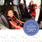Child in a car seat with a car seat booster, surrounded by family, with product details on a colorful confetti background.
