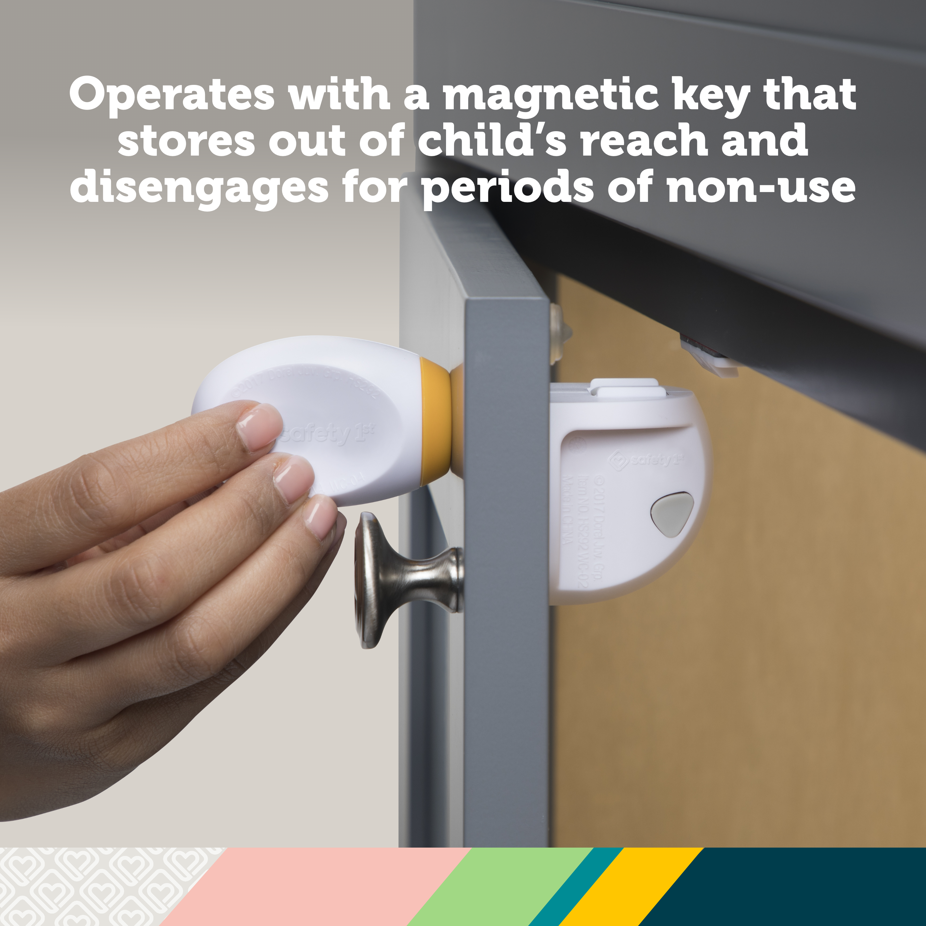 Adhesive Magnetic Lock System - 8 Locks and 2 Keys - operates with a magnetic key that stores out of child's reach and disengages for periods of non-use