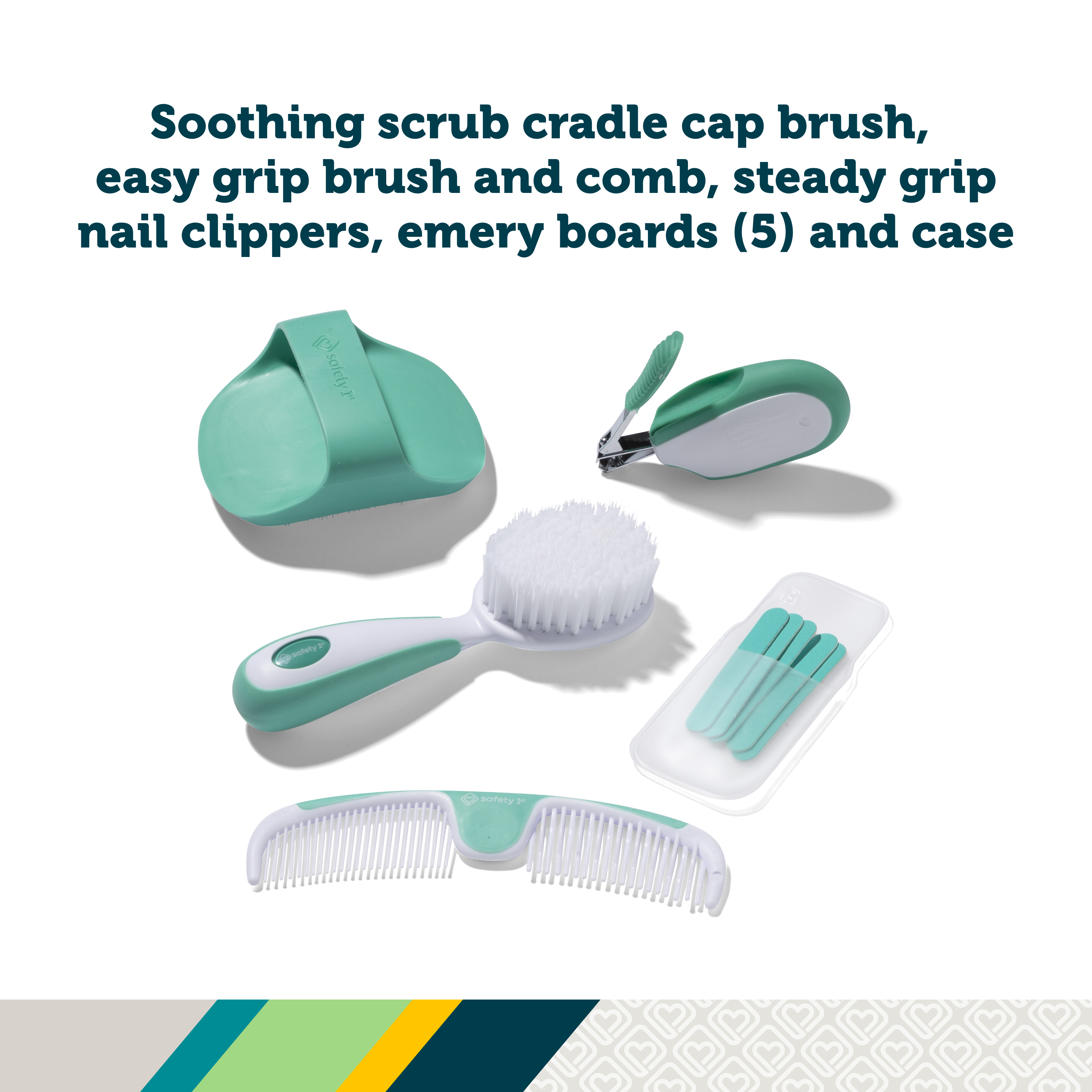 Nursery Care Health & Grooming Kit - soothing scrub cradle cap brush, easy grip brush and comb, steady grip nail clippers, emery boards (5) and case