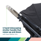 1-hand telescoping stroller handle with faux-leather trim on a white background