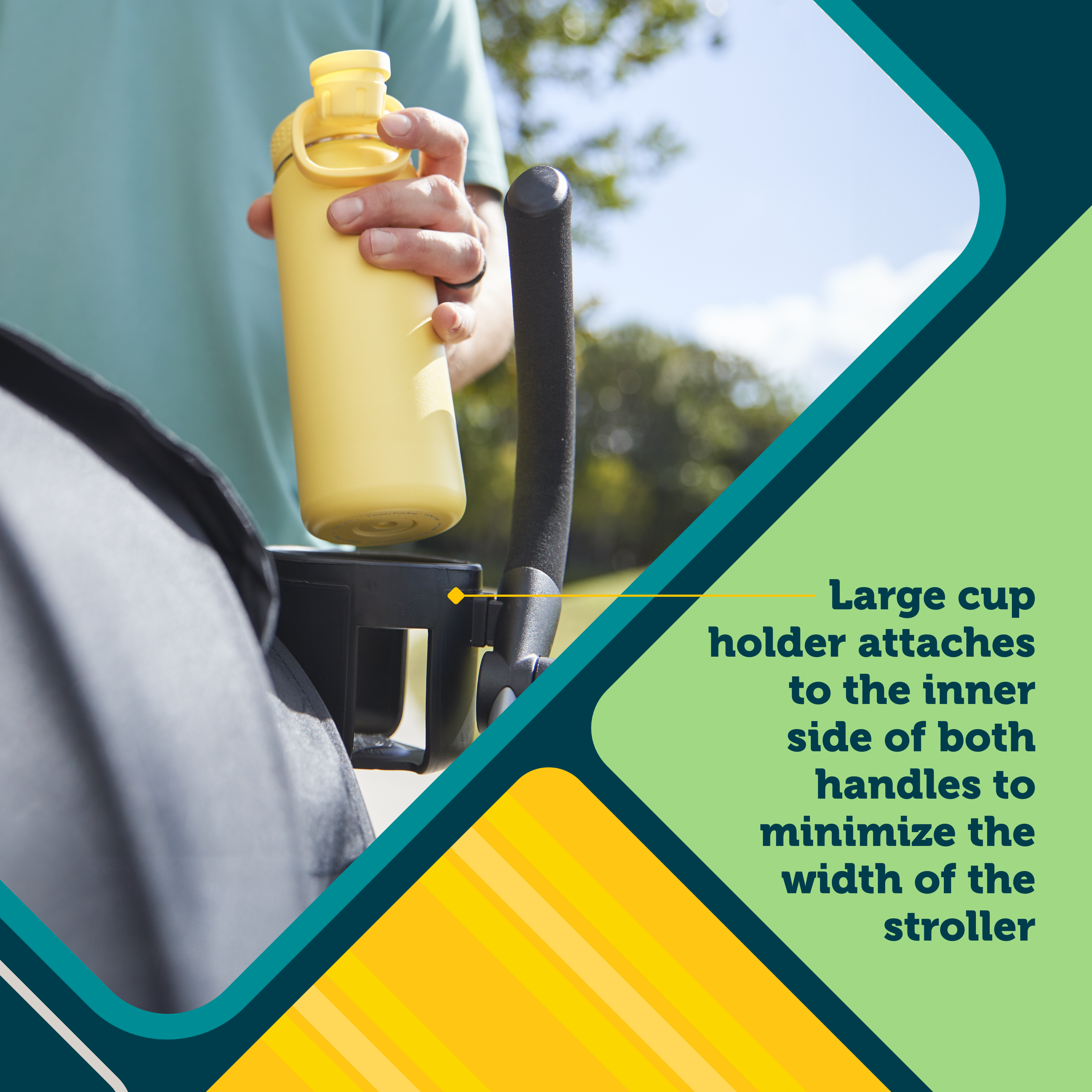 Step Lite Compact Stroller - large cup holder attaches to the inner side of both handles to minimize the width of the stroller