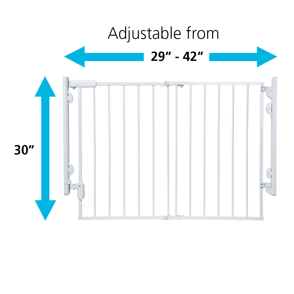 Gate is adjustable from 29 inches to 42 inches across and is 3 inches high