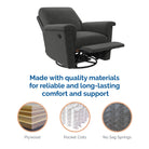 Baby Relax Terrin 3-in-1 Gliding Swivel Nursery Recliner - made with quality materials for reliable and long-lasting comfort and support. Plywood, pocket coils, no sag springs