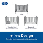 Baby Relax crib, toddler bed, and daybed with text indicating separate purchase options for guardrails and side rails.