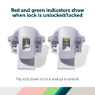 Secure-to-Explore Adhesive Magnetic Locks - red and green indicators show when lock is unlocked/locked - flip lock down to lock and up to unlock
