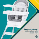 White high chair with gray cushion on a green and yellow background