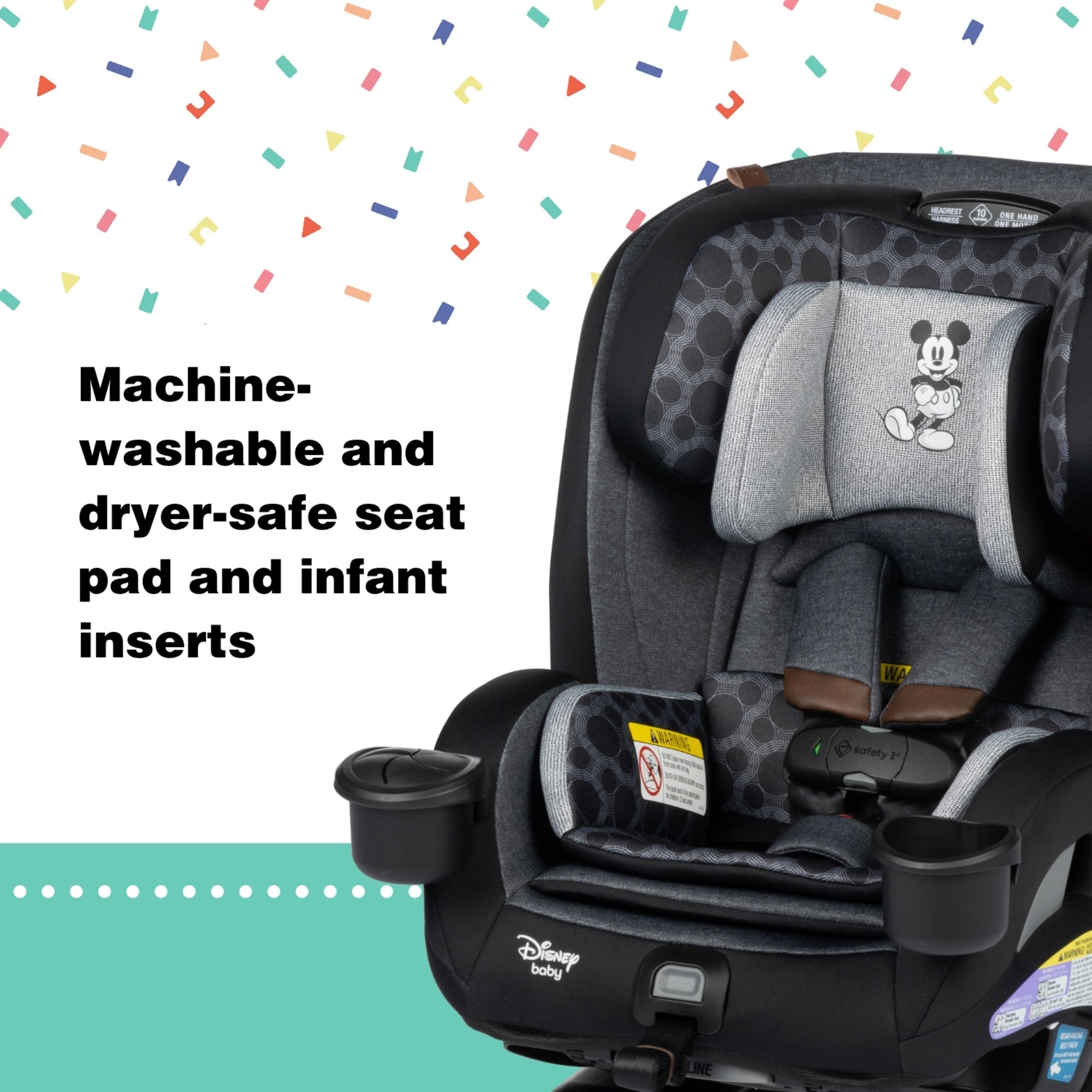 Disney Baby EverSlim All-in-One Convertible Car Seat - machine-washable and dryer-safe seat pad and infant inserts