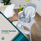 High chair with 5-point harness for safety in a home setting