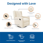 Baby Relax Mikayla 4-in-1 Nursery Swivel Glider Rocker Recliner - designed with love. Cushioned tufted backrest, padded arms, integrated footrest, heavy duty metal base, easy to reach handle