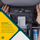 Car seat base with SecureTech indicators showing safety status