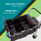 Black and camouflage-patterned wagon with text indicating weight limit and seating capacity on a colorful background